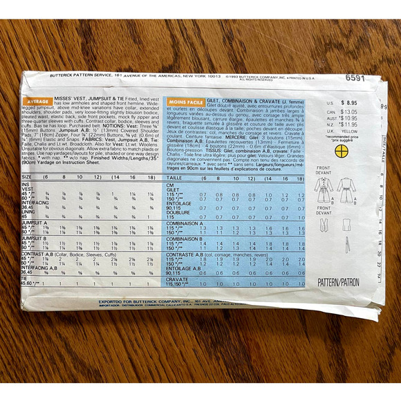 UNCUT Vintage 1990s Butterick 6591 Sewing Pattern XXS-SM 6-12 Vest Jumpsuit Tie - Picture 2 of 2